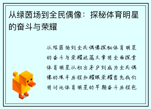 从绿茵场到全民偶像：探秘体育明星的奋斗与荣耀